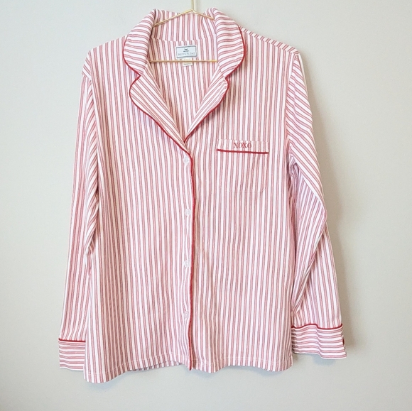 Petite Plume Pima Pajama Set In Antique Red Size Large Striped Embroidered EUC - Picture 9 of 16